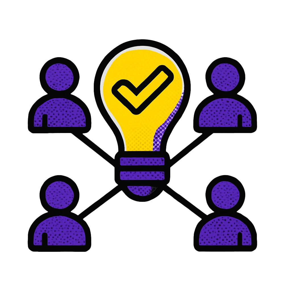 Lightbulb with check connected to team—better cross-department decisions