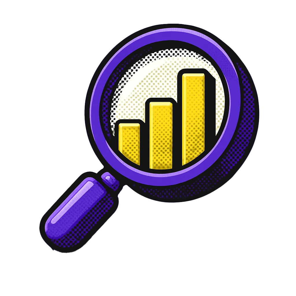 Pop-art halftone magnifier over chart icon representing enhanced visibility into operations and performance metrics with AI automation
