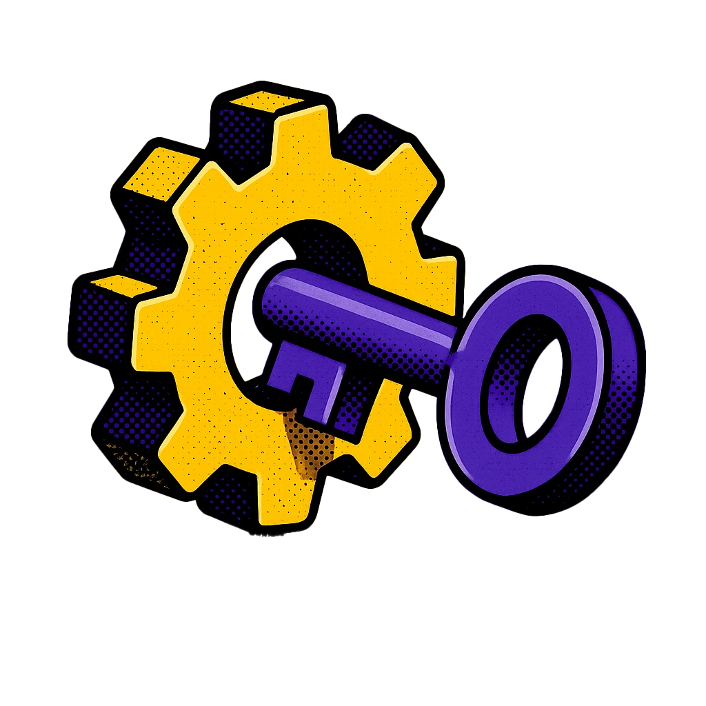 Pop-art halftone gear and key icon symbolizing freeing internal teams to focus on higher-value work through AI automation