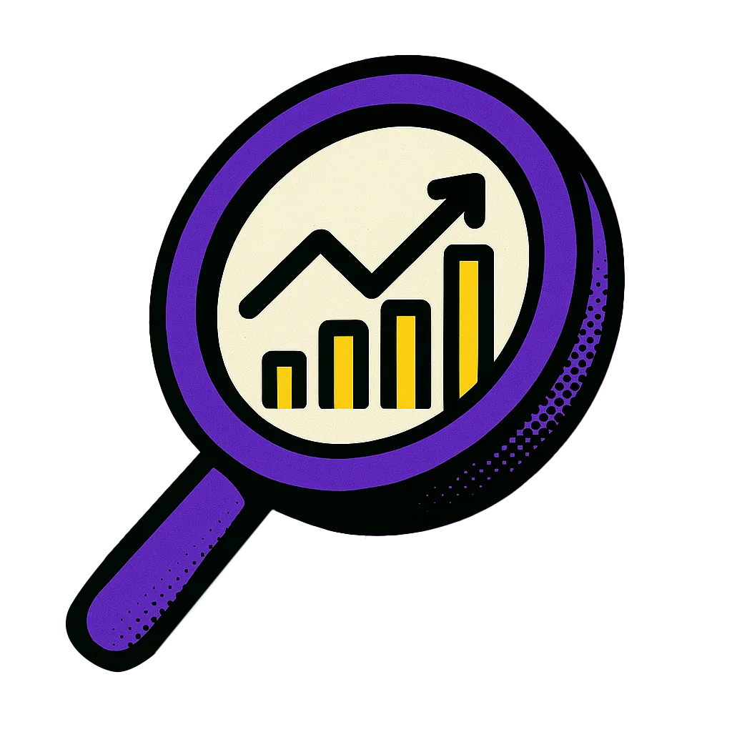 Magnifying glass highlighting a rising bar chart—analytics and insights in a pop-art style.