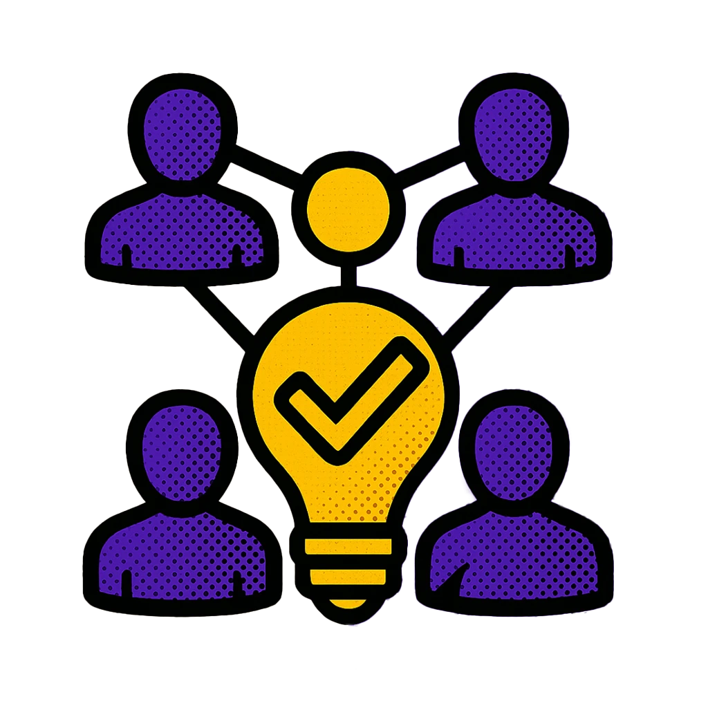 Network of people around a checked lightbulb—collaboration and stakeholder alignment.