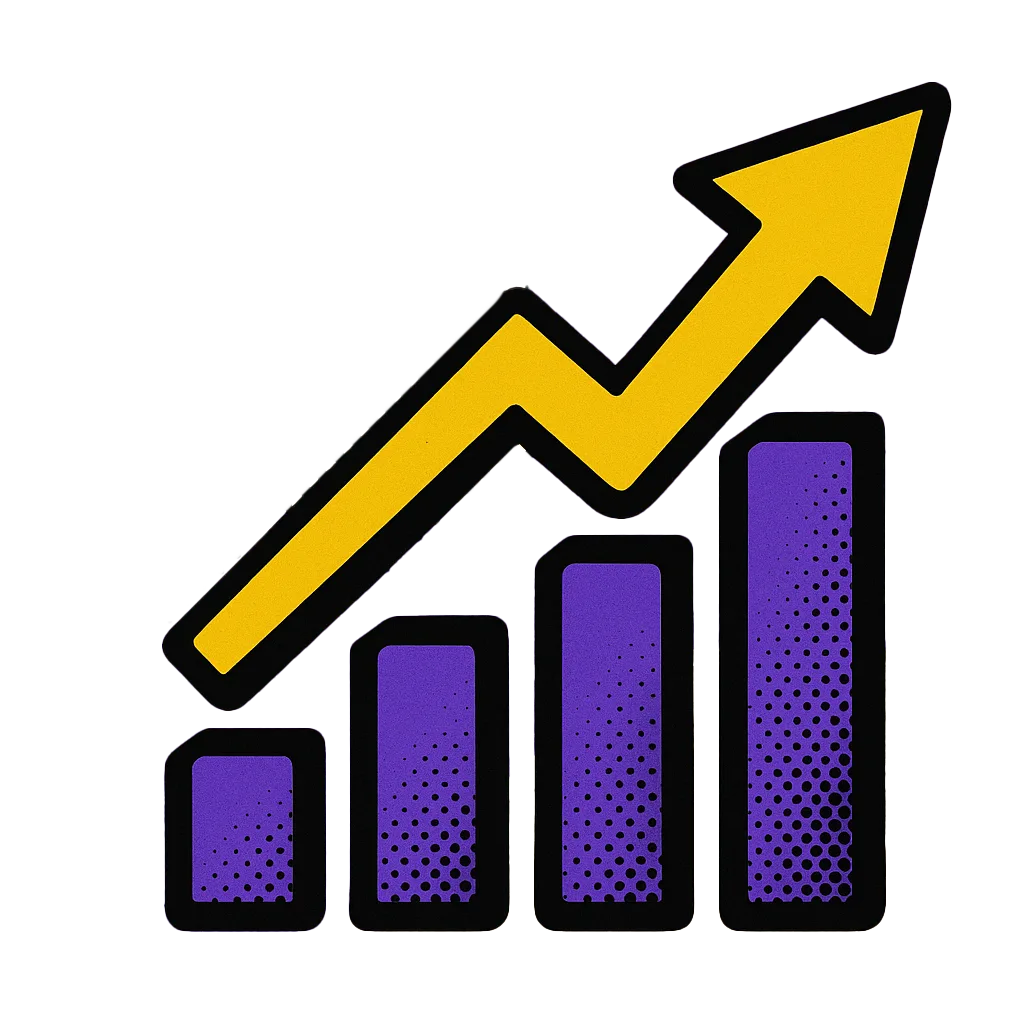 Pop-art halftone growth chart with an upward yellow arrow symbolizing performance improvement.