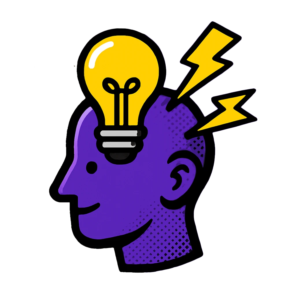 Head with a glowing lightbulb and lightning bolts—innovation and new ideas.