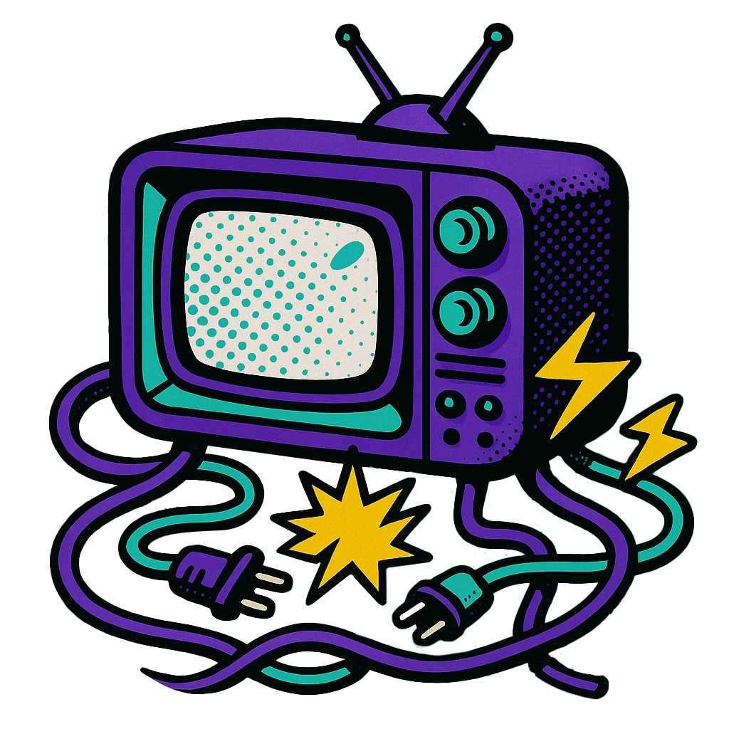 Retro TV with tangled cables and lightning bolts representing legacy systems and integration pain.