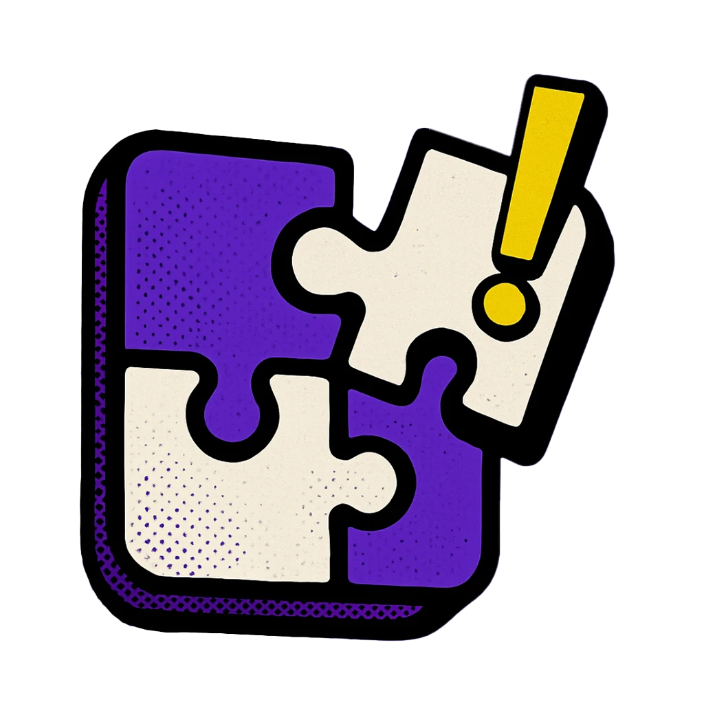 Puzzle pieces with an exclamation mark—solution fit, risks, and issue alerts.