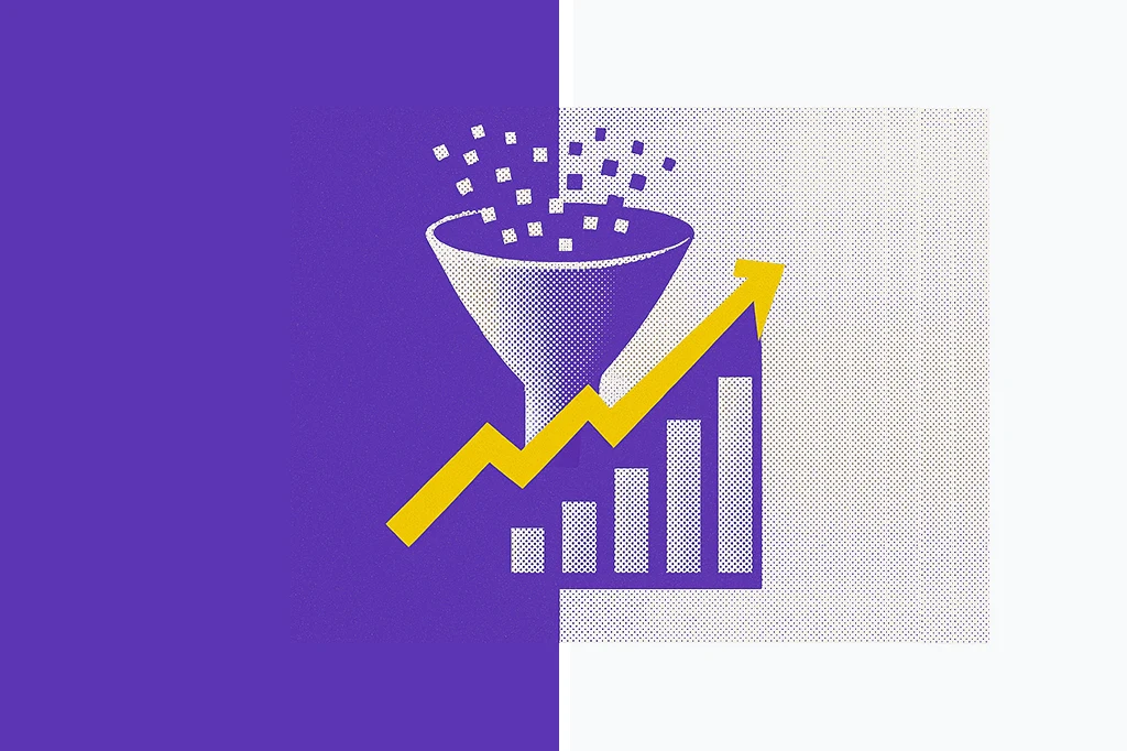 Pop-art halftone graphic of a data funnel and rising bar chart with a yellow growth arrow, illustrating sales-funnel optimization with automation.