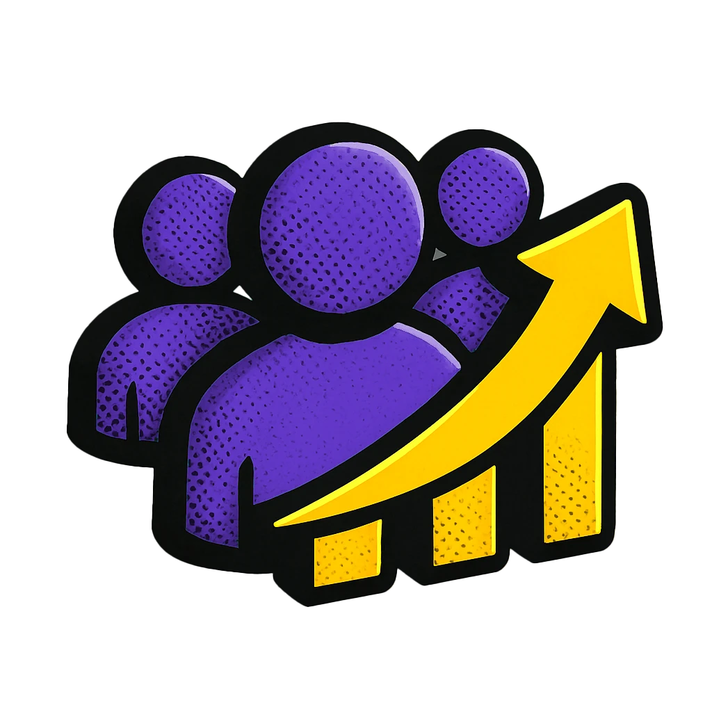 Pop-art halftone group with upward arrow icon representing increased output without adding headcount via AI automation