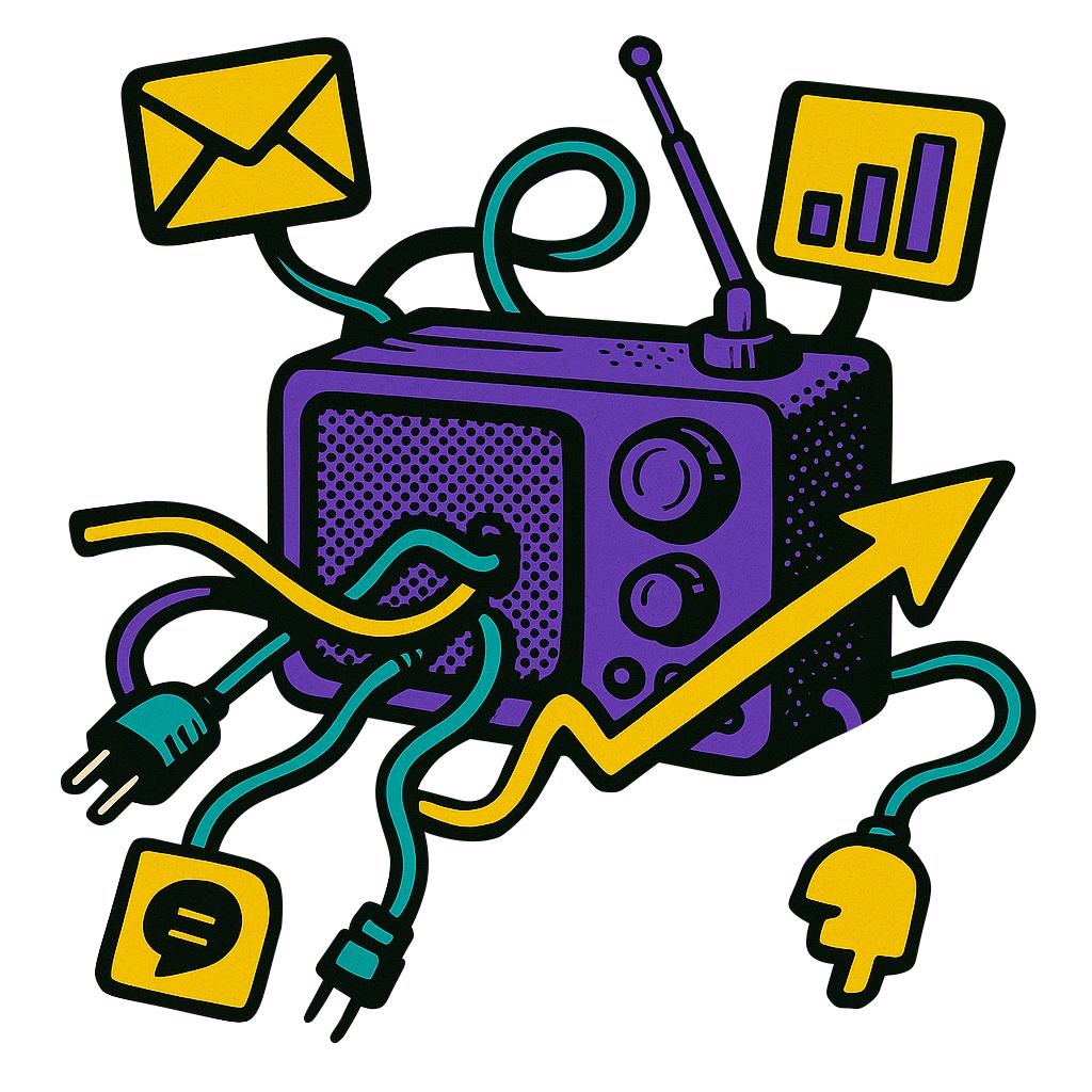 Purple pop-art radio connected with marketing icons and upward arrow, representing integrated campaigns