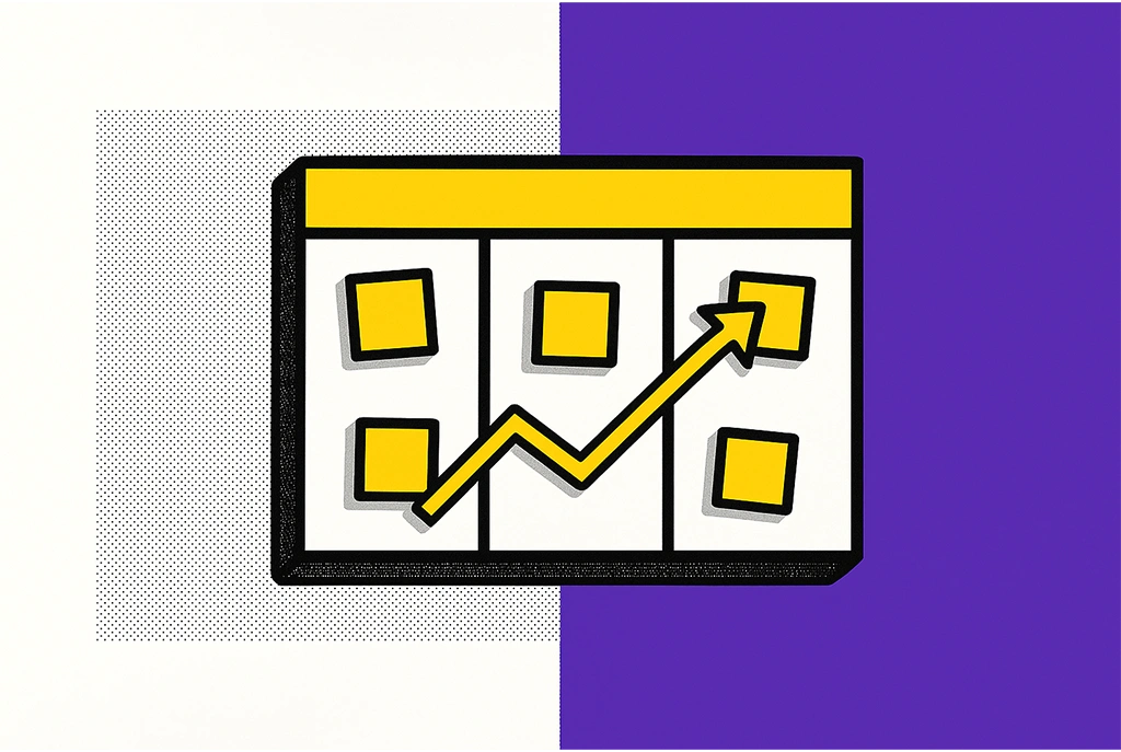 Pop-art style Kanban board with yellow sticky notes in three columns and a bold yellow arrow showing project progress, halftone background split into white and purple