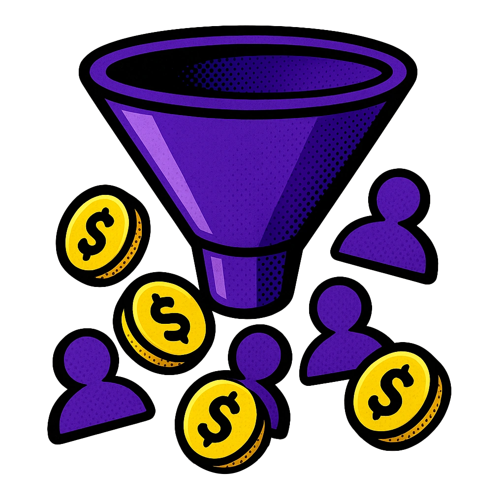 Lead generation funnel with people icons and dollar signs in pop-art style