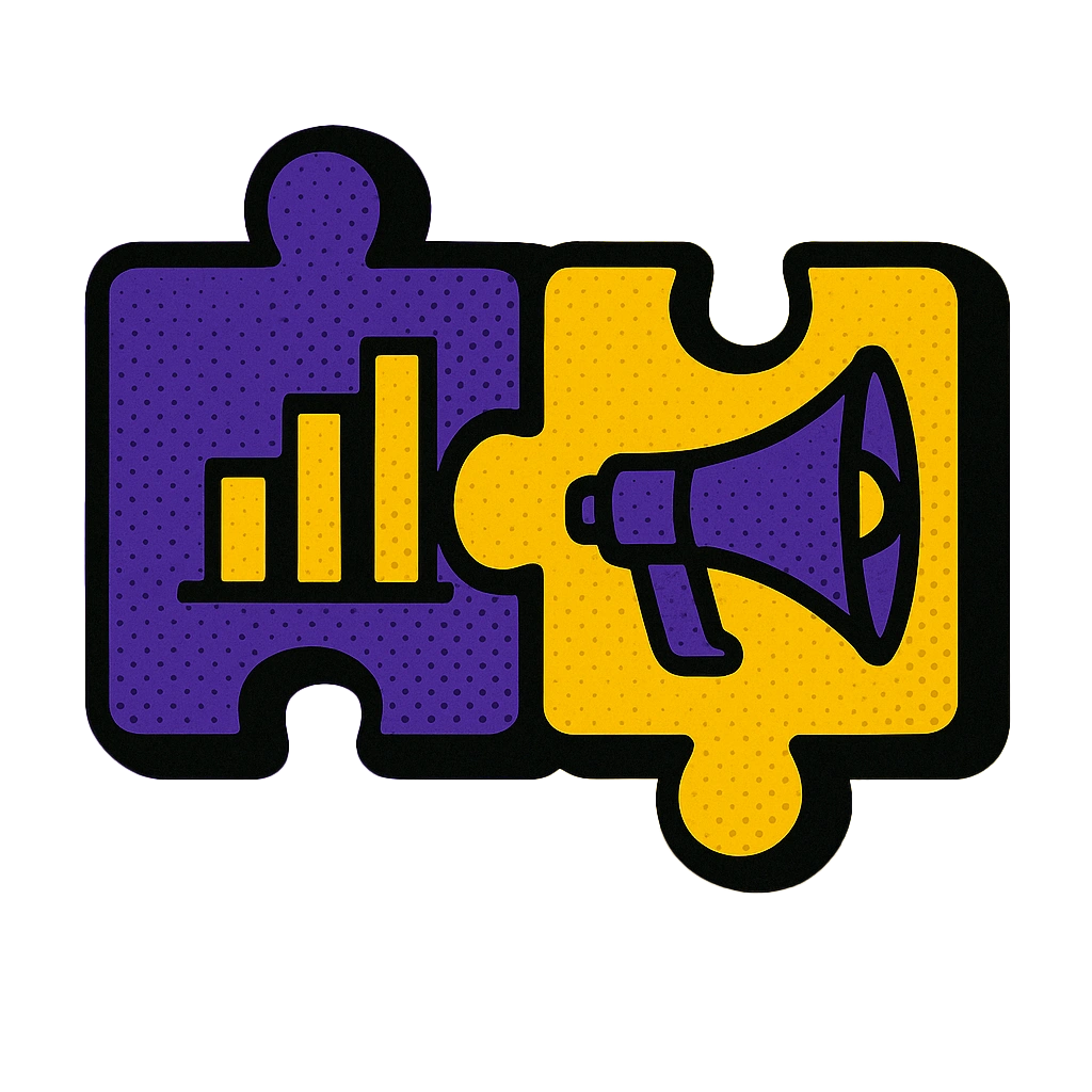 Purple and yellow pop-art puzzle piece with growth chart and megaphone icons, symbolizing marketing analytics