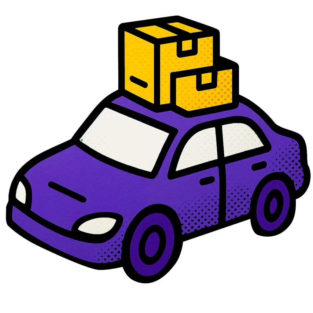 Pop-art halftone vector icon of a streamlined purple car carrying yellow inventory boxes on its roof and a stylized yellow sales-funnel chart on its hood, on a gray background.