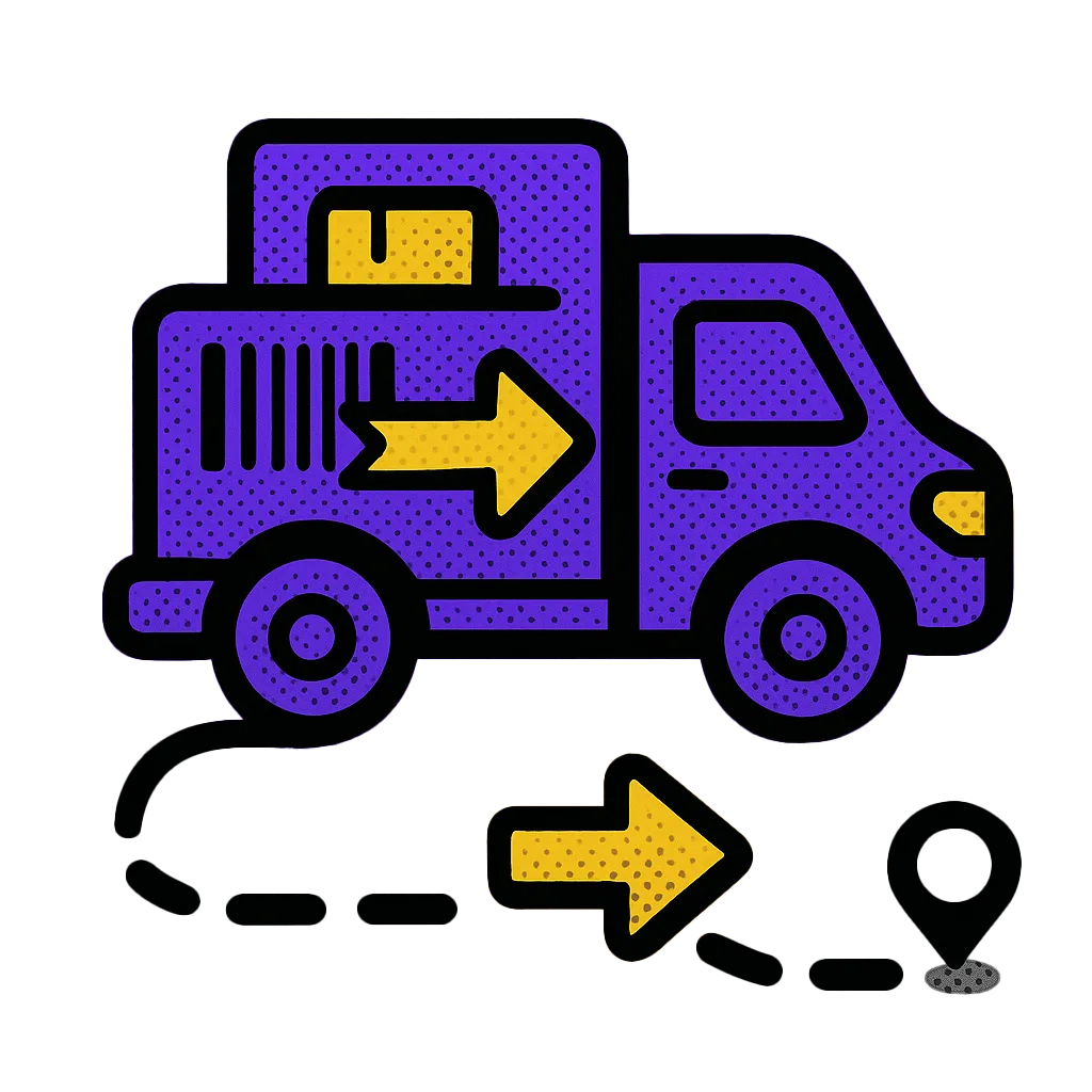 Pop-art halftone vector icon of a purple delivery truck on a dotted route map with yellow forward arrows, set against a gray background