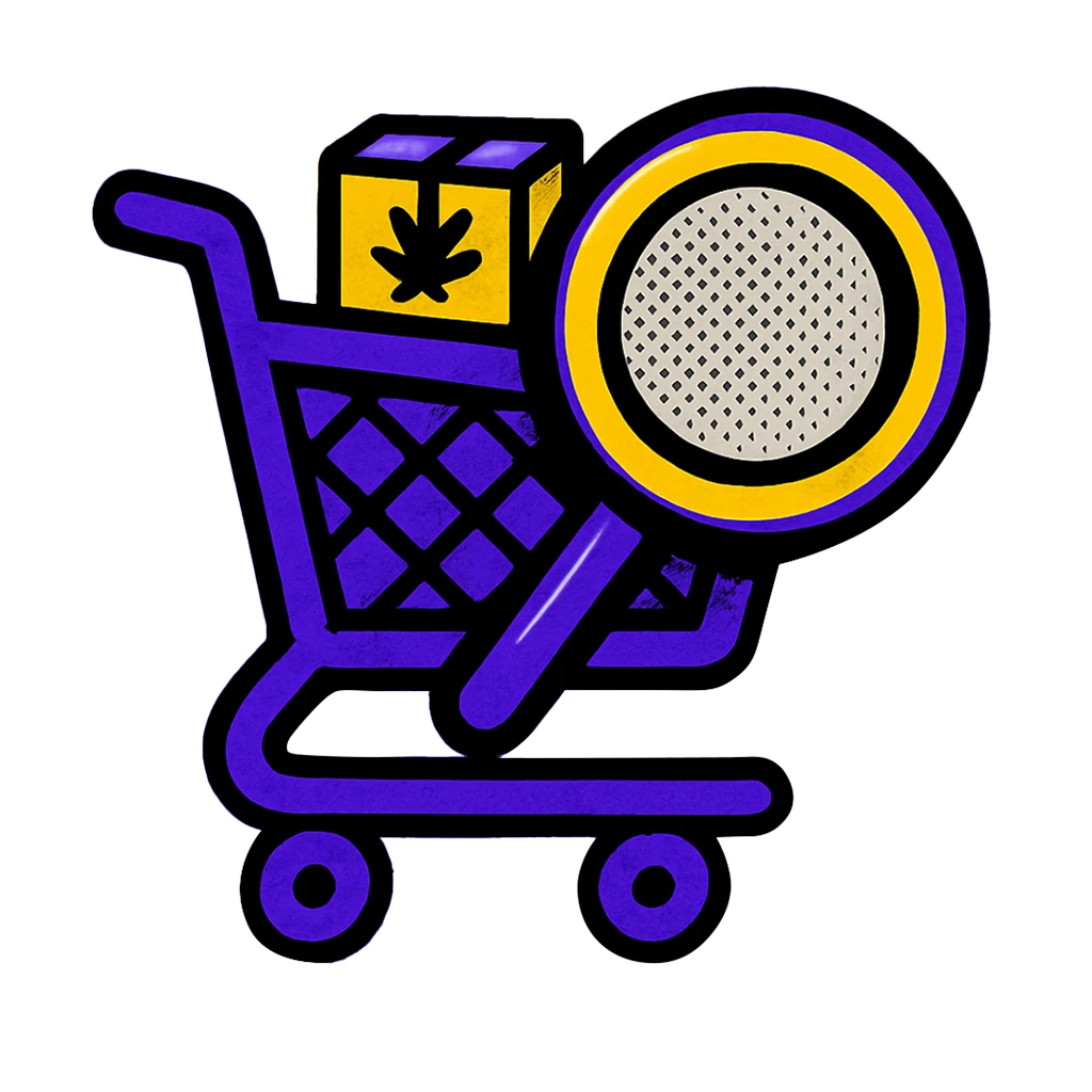 Pop-art halftone vector icon of a purple shopping cart overlaid by a yellow magnifier and small envelope, on a gray background.