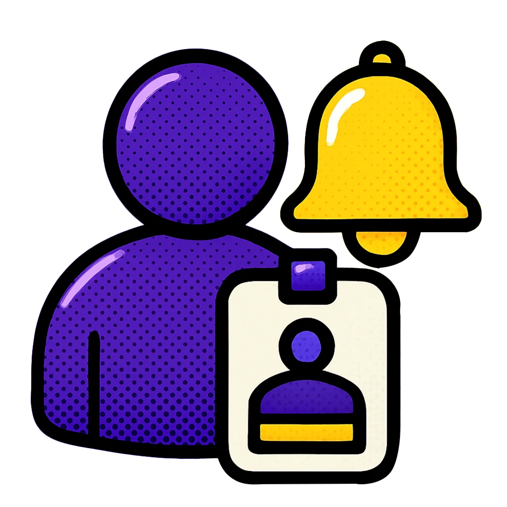 Pop-art halftone vector icon of a purple person silhouette with ID badge beside a yellow notification bell, on a gray background
