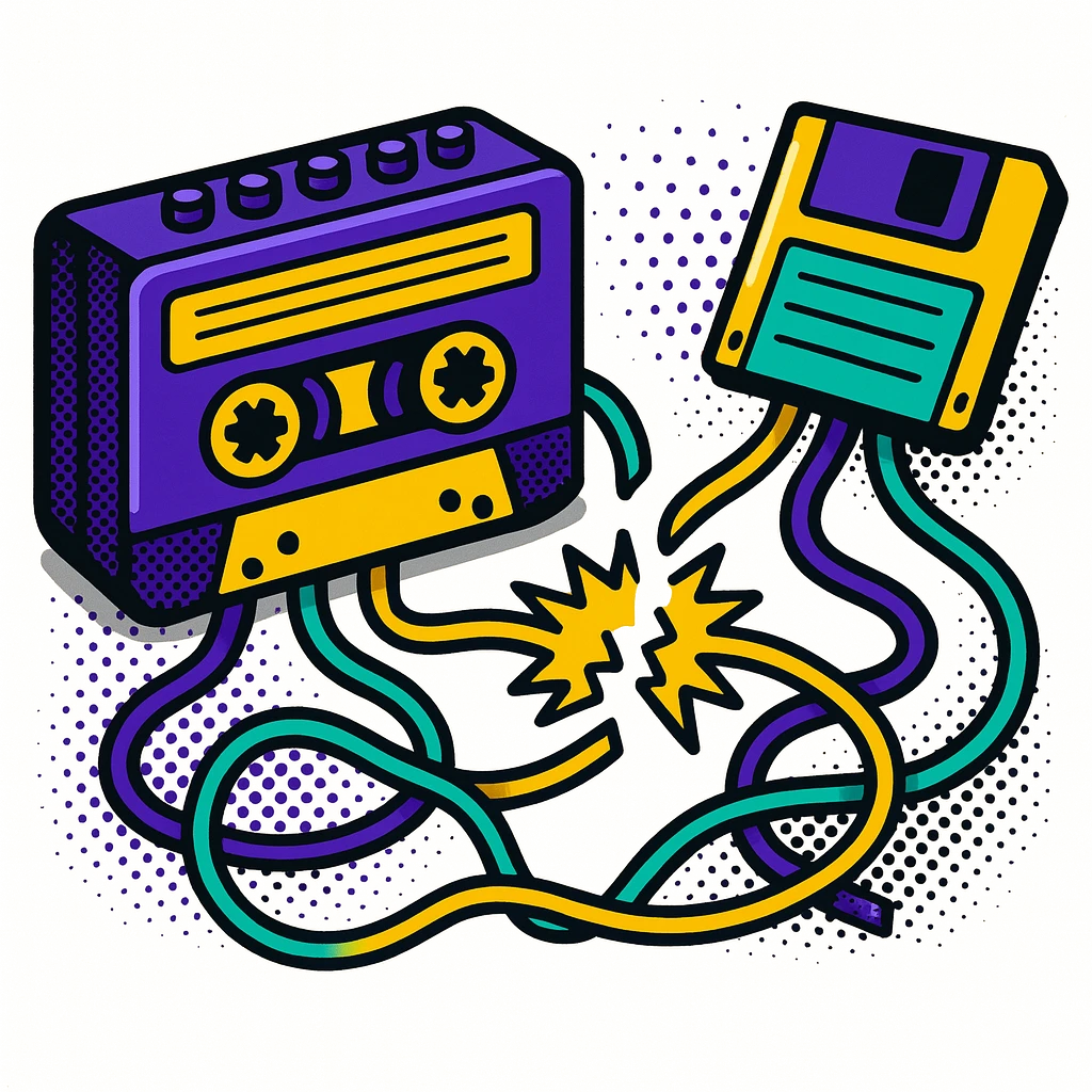 Pop-art halftone illustration of a retro cassette tape and floppy disk connected by tangled ‘spaghetti’ cables, sparking at the break