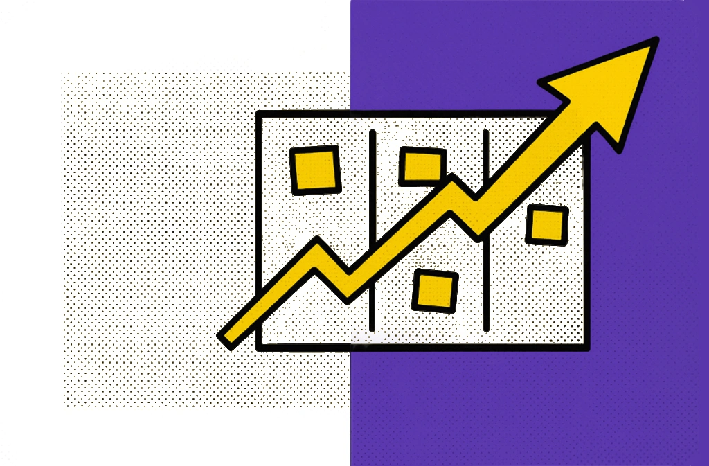 Pop-art kanban board with upward arrow showing project growth