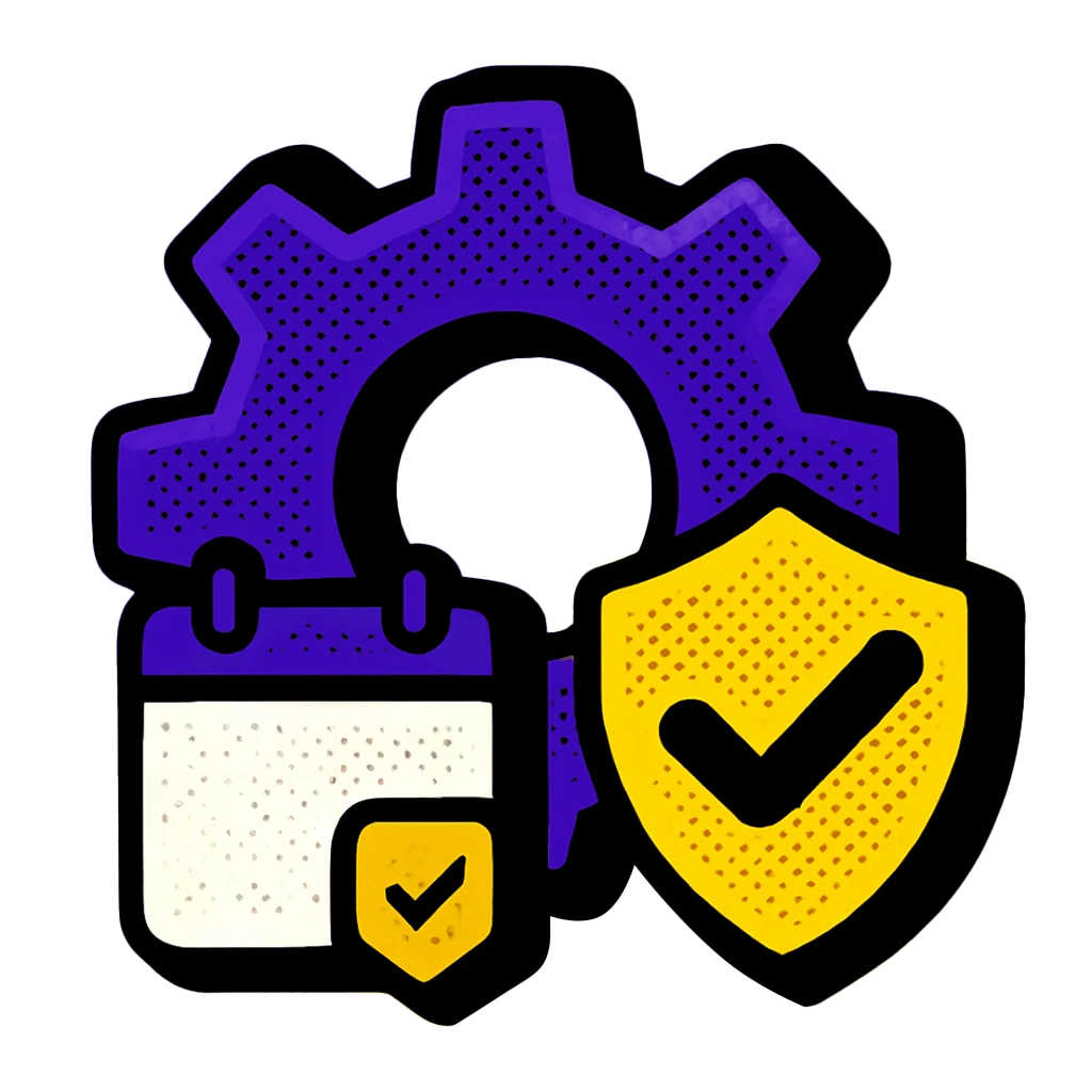 Pop-art halftone vector icon of a purple gear with a small calendar overlay and yellow shield with check mark, on a gray background.