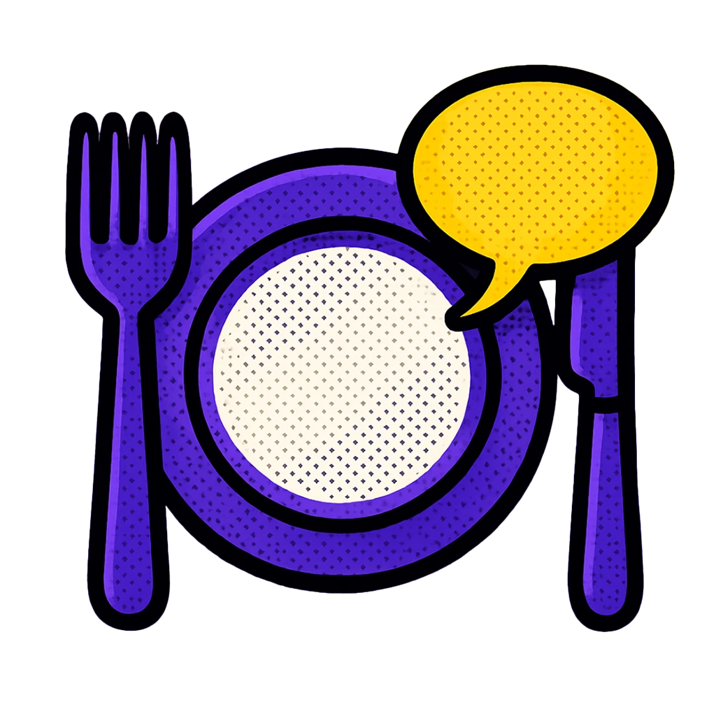 Pop-art halftone vector icon of a purple dinner plate with fork and knife plus a yellow speech bubble, on a gray background.