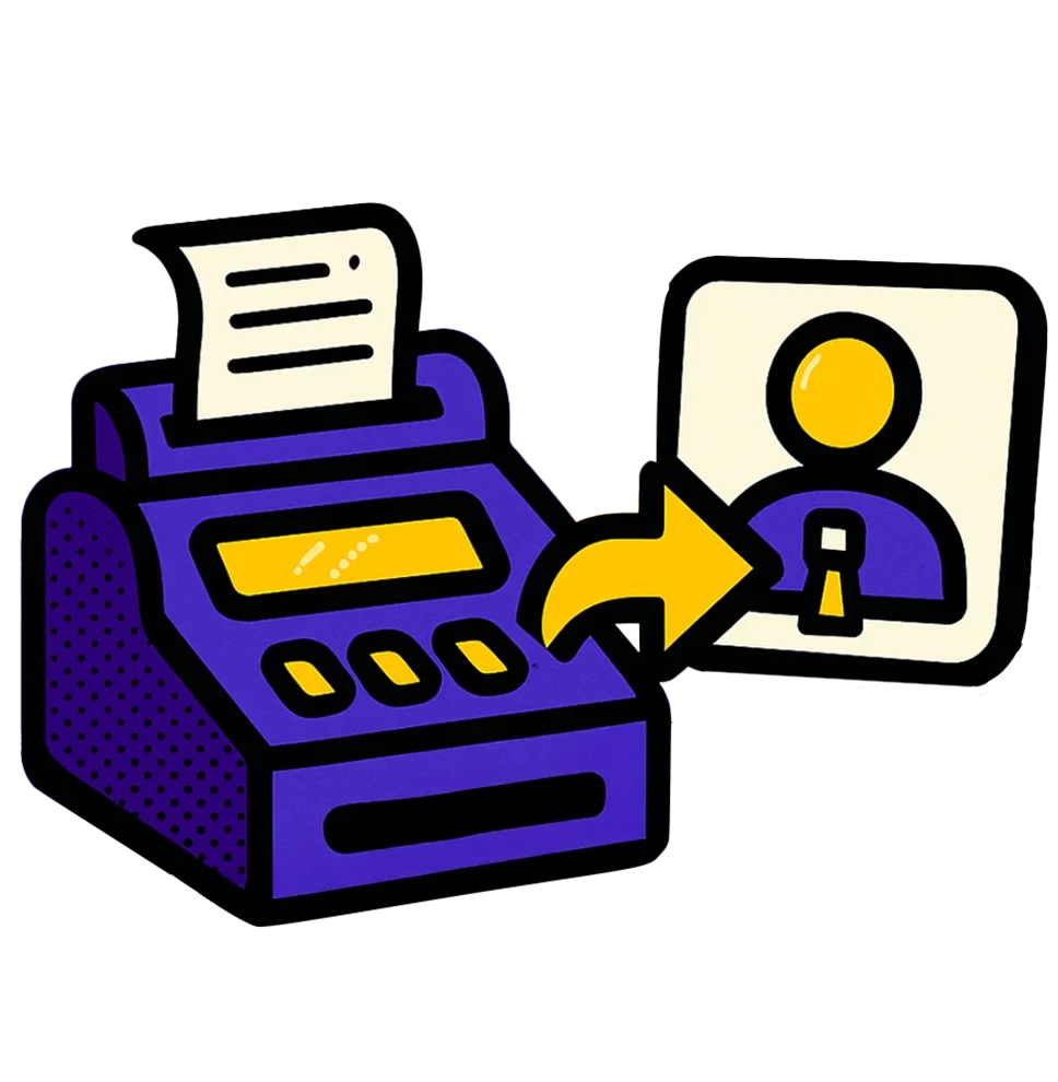 Pop-art halftone vector icon of a purple cash register connected by a yellow arrow to a stylized CRM contact icon, on a gray background.