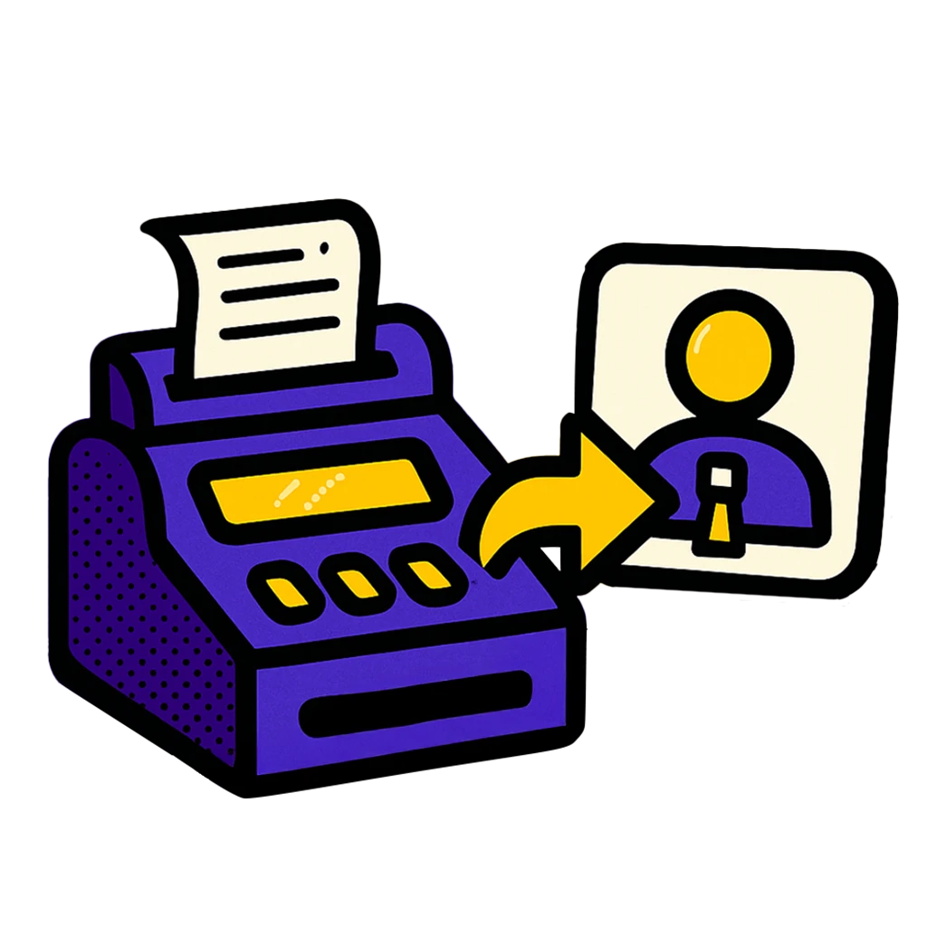 Pop-art halftone vector icon of a purple cash register connected by a yellow arrow to a stylized CRM contact icon, on a gray background.