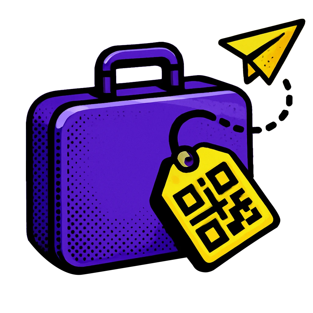 Pop-art halftone vector icon of a purple suitcase with a yellow QR-tag and small paper airplane trailing a dotted line, on a gray background.
