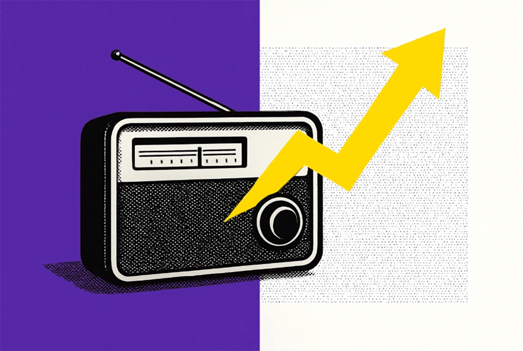 Retro radio with bold yellow arrow symbolizing marketing growth in pop-art halftone style