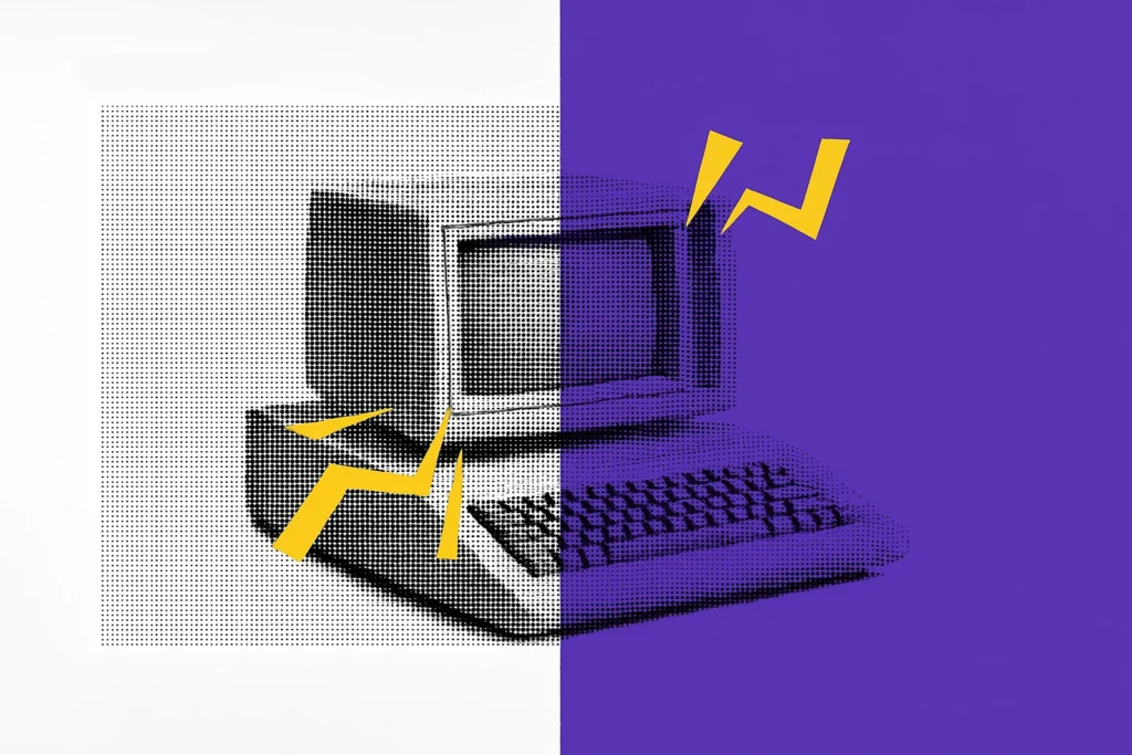 Halftone pop-art illustration of an old computer, split between a white and purple background with bold yellow accent lines