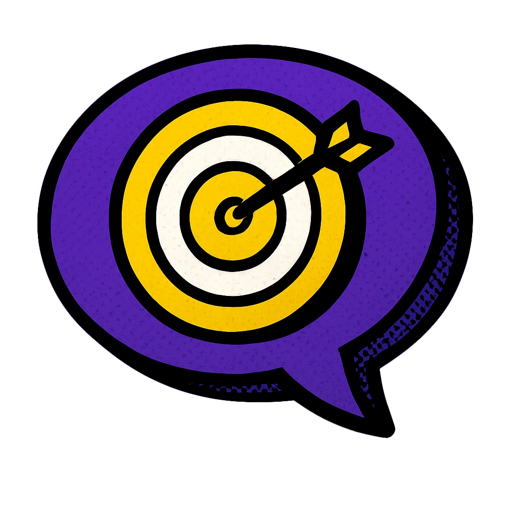 Target icon with arrow inside purple chat bubble, symbolizing targeted marketing